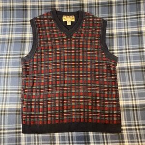 Ivy Crew Classics Mens XL Red Navy Blue Plaid V-Neck Sweater Vest Ramie Cotton